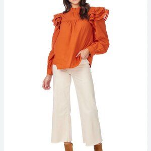 Mud Pie Keller Ruffle Blouse Lace Trimmed Shoulder Orange NWT Size Small